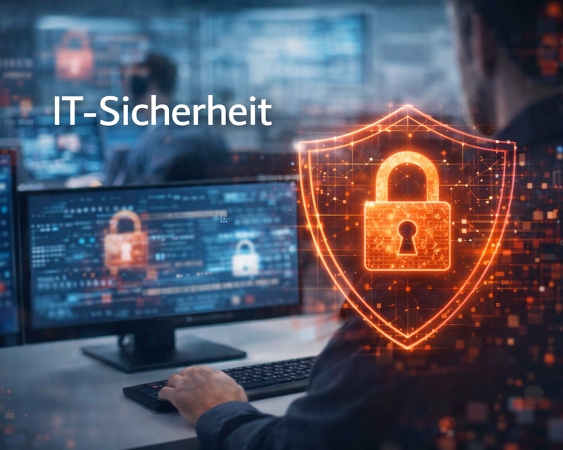 IT-Sicherheit in der Arztpraxis – Schutzschild und Schloss-Symbol vor Monitoren