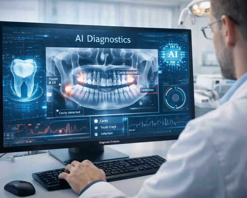 KI-gestützte Röntgenbildanalyse am Monitor – Karies- und Infektionserkennung in der Zahnarztpraxis
